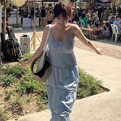 Thin Strap Tiered Button Maxi A-Line Dress
