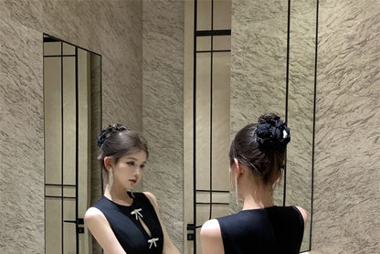 Sleeveless Round Neck Plain Rhinestone Bow Cutout Mini A-Line Dress