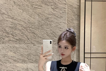 Sleeveless Round Neck Plain Rhinestone Bow Cutout Mini A-Line Dress