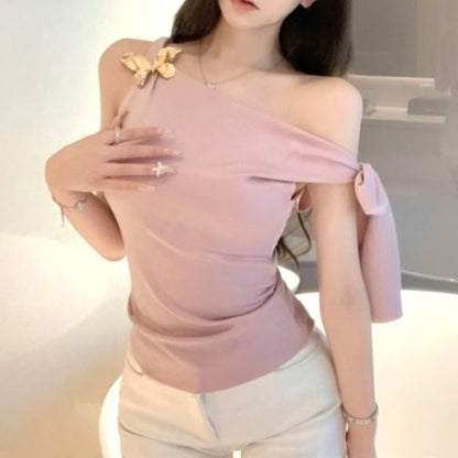 Sleeveless One Shoulder Plain Tie-Up Top
