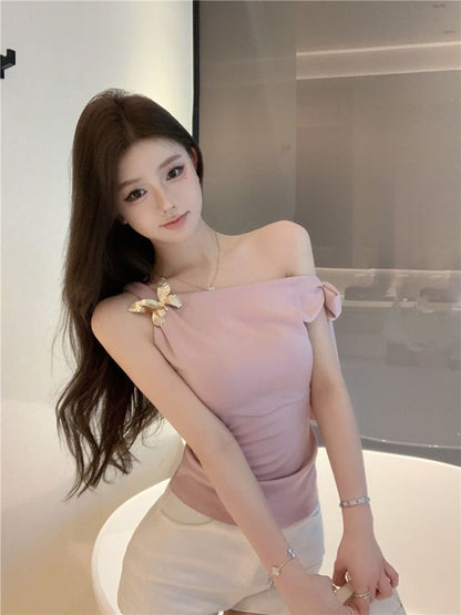 Sleeveless One Shoulder Plain Tie-Up Top