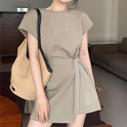 Short-Sleeve Crew Neck Plain Lettering Embossed Mock Two Piece Mini A-Line Dress