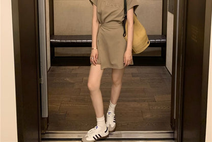 Short-Sleeve Crew Neck Plain Lettering Embossed Mock Two Piece Mini A-Line Dress