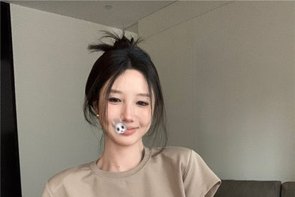 Short-Sleeve Crew Neck Plain Lettering Embossed Mock Two Piece Mini A-Line Dress