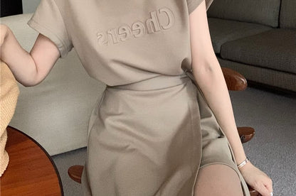 Short-Sleeve Crew Neck Plain Lettering Embossed Mock Two Piece Mini A-Line Dress
