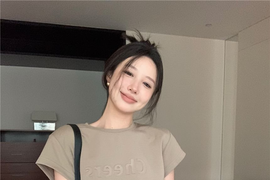 Short-Sleeve Crew Neck Plain Lettering Embossed Mock Two Piece Mini A-Line Dress