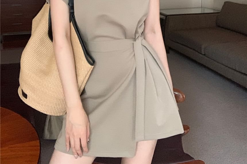 Short-Sleeve Crew Neck Plain Lettering Embossed Mock Two Piece Mini A-Line Dress