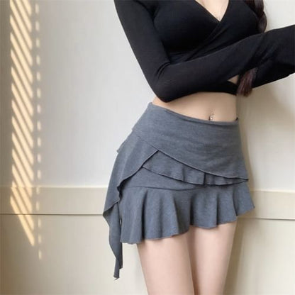 Mid Rise Plain Ruffle Asymmetrical Panel Mini A-Line Skirt