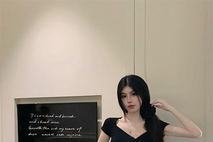 Mid Rise Plain Ruffle Asymmetrical Panel Mini A-Line Skirt