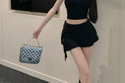 Mid Rise Plain Ruffle Asymmetrical Panel Mini A-Line Skirt