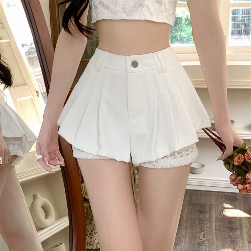 High Waist Plain Pleated Panel Lace Shorts