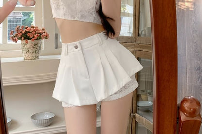 High Waist Plain Pleated Panel Lace Shorts