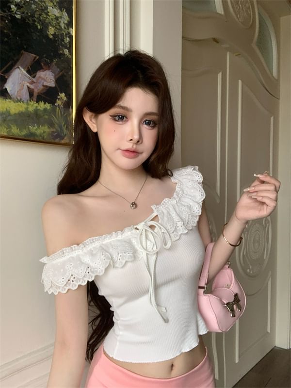 Short-Sleeve Off Shoulder Plain Ruffle Tie-Up Top