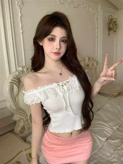 Short-Sleeve Off Shoulder Plain Ruffle Tie-Up Top