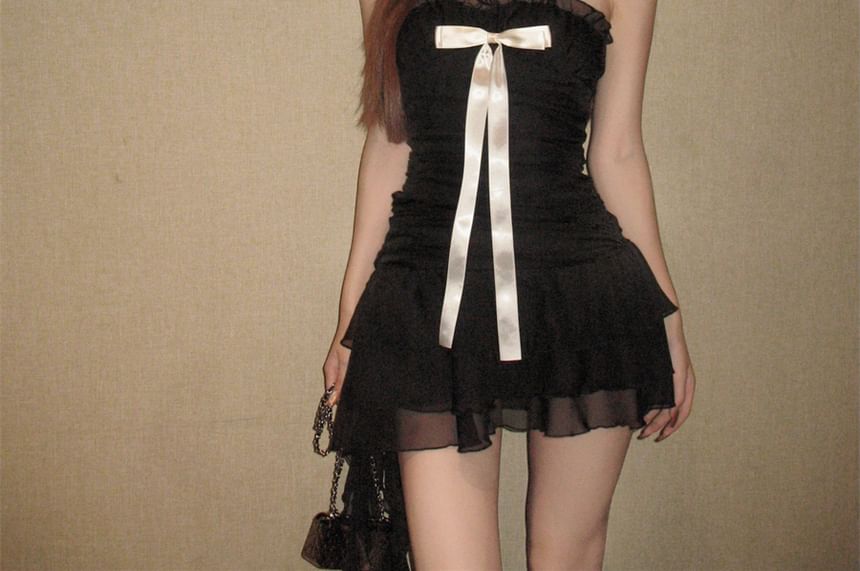 Bow Ruffle Mini A-Line Tube Dress