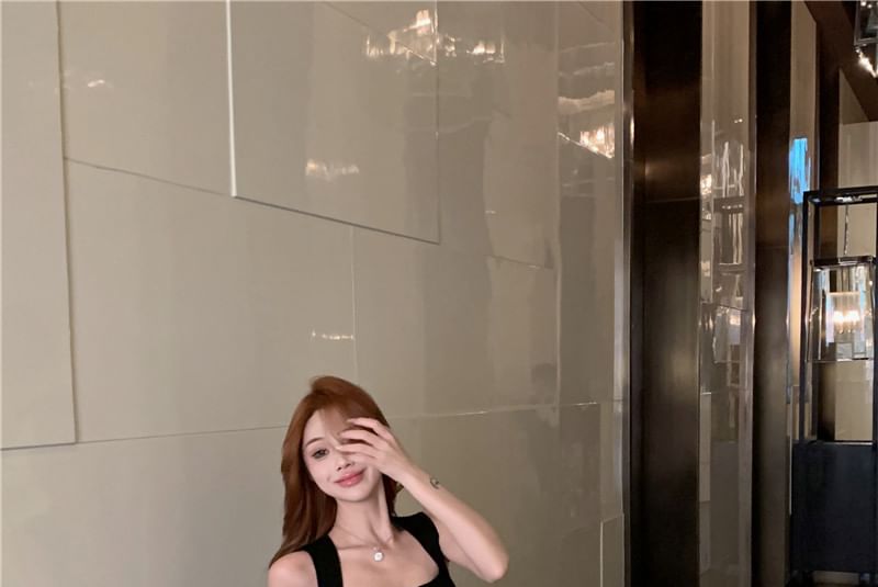 Square Neck Plain Button Tank Top / High Rise Plain Maxi A-Line Skirt