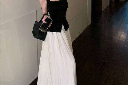 Square Neck Plain Button Tank Top / High Rise Plain Maxi A-Line Skirt