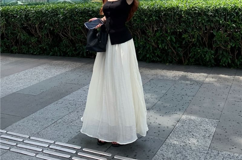 Square Neck Plain Button Tank Top / High Rise Plain Maxi A-Line Skirt