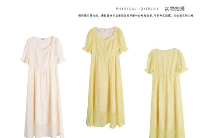 Short-Sleeve Floral Embroidered Midi A-Line Dress