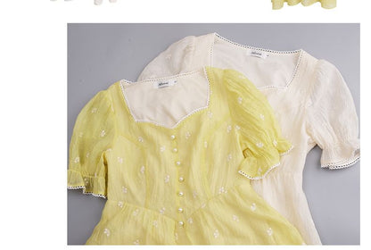 Short-Sleeve Floral Embroidered Midi A-Line Dress