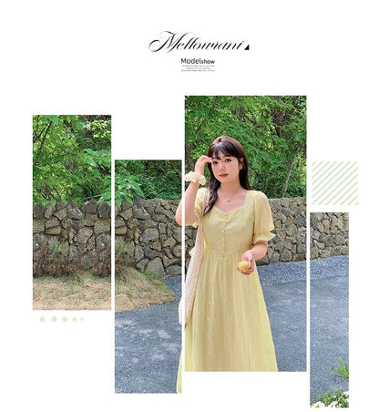 Short-Sleeve Floral Embroidered Midi A-Line Dress