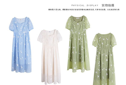 Short-Sleeve Leaf Embroidered Midi A-Line Dress