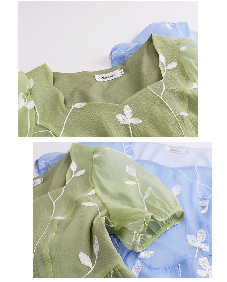 Short-Sleeve Leaf Embroidered Midi A-Line Dress