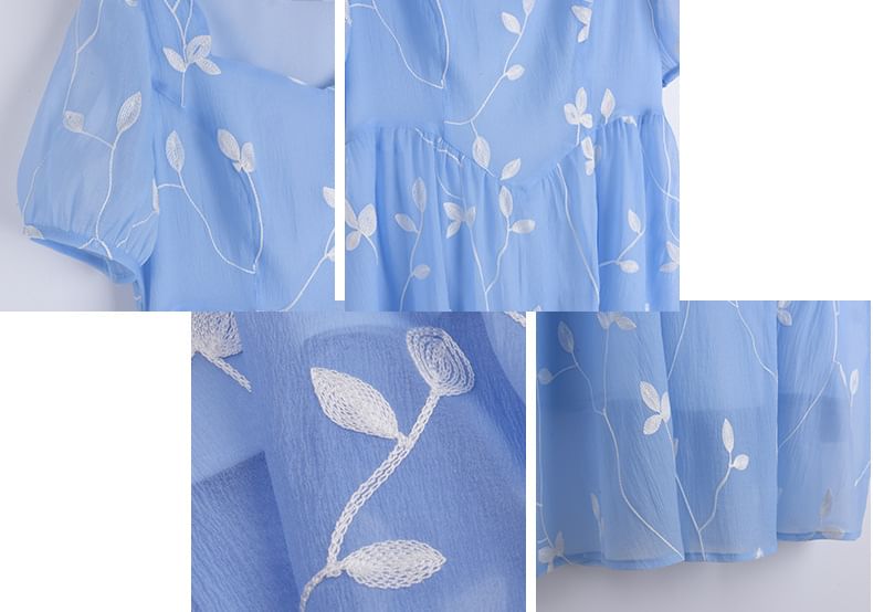 Short-Sleeve Leaf Embroidered Midi A-Line Dress