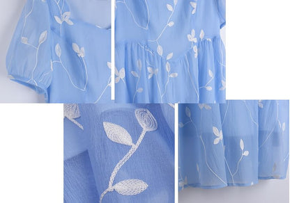 Short-Sleeve Leaf Embroidered Midi A-Line Dress