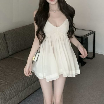 Spaghetti Strap V-Neck Plain Lace Trim Mini Sundress