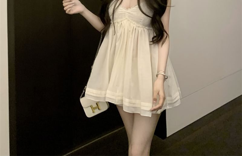 Spaghetti Strap V-Neck Plain Lace Trim Mini Sundress