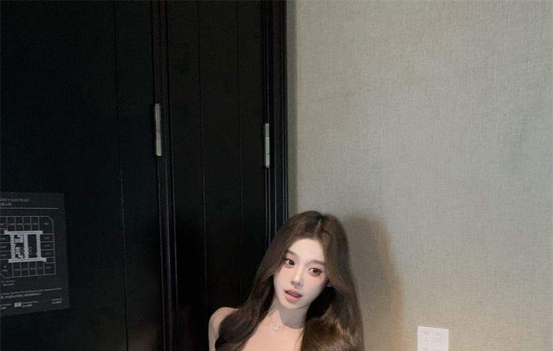 Spaghetti Strap V-Neck Plain Lace Trim Mini Sundress