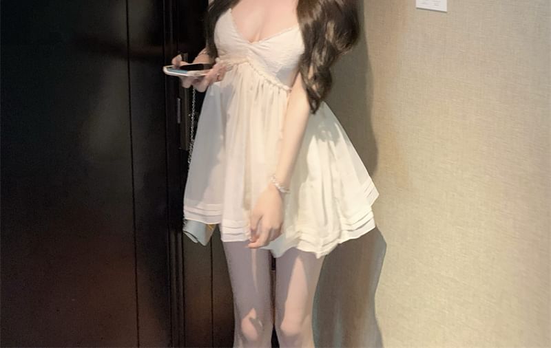 Spaghetti Strap V-Neck Plain Lace Trim Mini Sundress