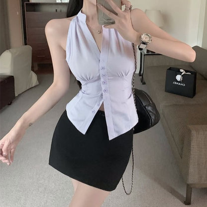 Sleeveless V-Neck Striped Button-Up Shirt / High Rise Mini Pencil Skirt