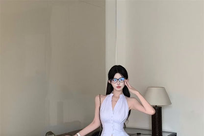 Sleeveless V-Neck Striped Button-Up Shirt / High Rise Mini Pencil Skirt