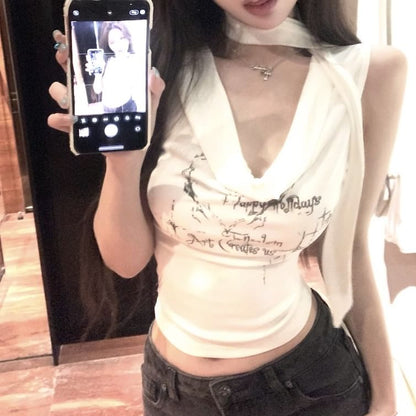 Choker-Neck Lettering Cowl Neck Crop Tank Top