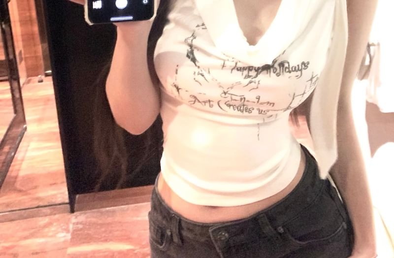 Choker-Neck Lettering Cowl Neck Crop Tank Top