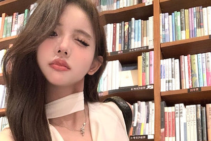 Choker-Neck Lettering Cowl Neck Crop Tank Top