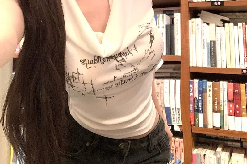 Choker-Neck Lettering Cowl Neck Crop Tank Top