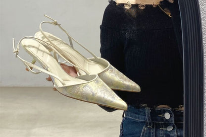 Pointed Toe Slingback Jacquard Kitten Heel Pumps