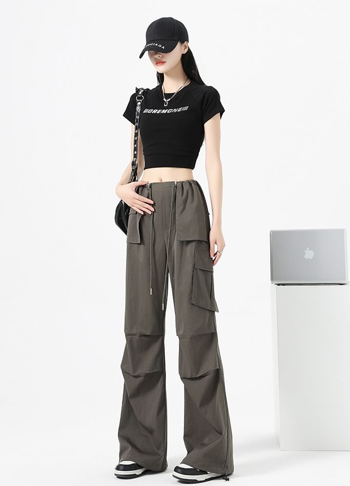 High Waist Drawstring Pocket Parachute Cargo Pants