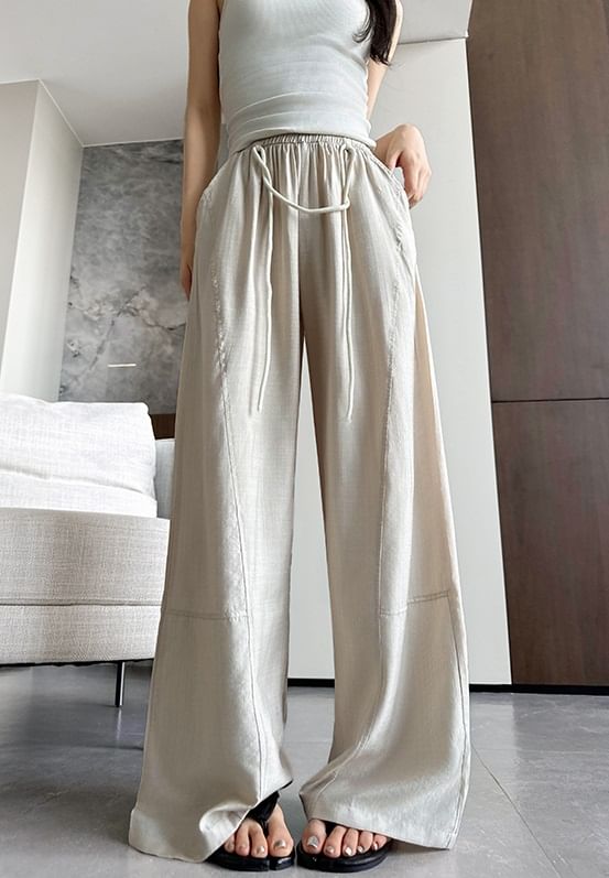 Contrast String High Rise Wide Leg Drape Pants