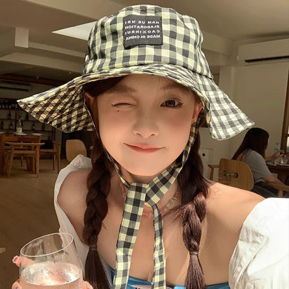 Checkered With Hat Chin Cotton Strap Bucket