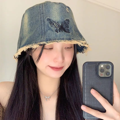 With Embroidery Bucket Butterfly Brim Hat Distressed