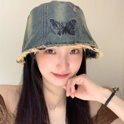 With Embroidery Bucket Butterfly Brim Hat Distressed