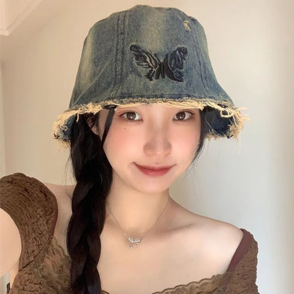 With Embroidery Bucket Butterfly Brim Hat Distressed