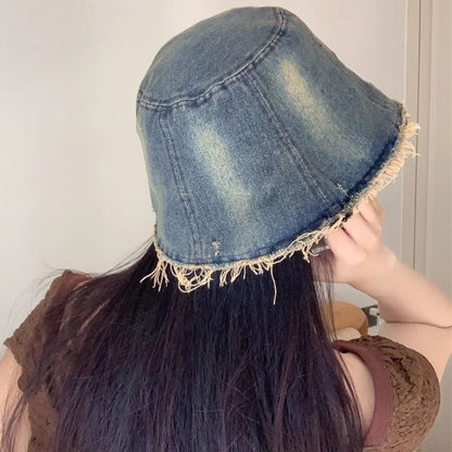 With Embroidery Bucket Butterfly Brim Hat Distressed