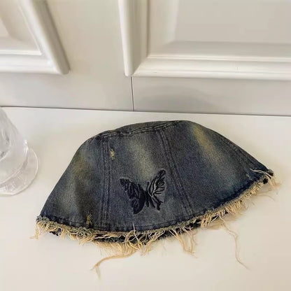 With Embroidery Bucket Butterfly Brim Hat Distressed