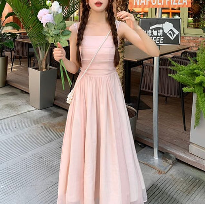 Spaghetti Strap Square Neck Plain Maxi A-Line Dress