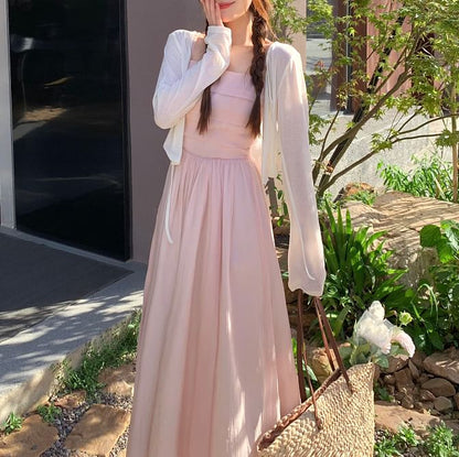 Spaghetti Strap Square Neck Plain Maxi A-Line Dress